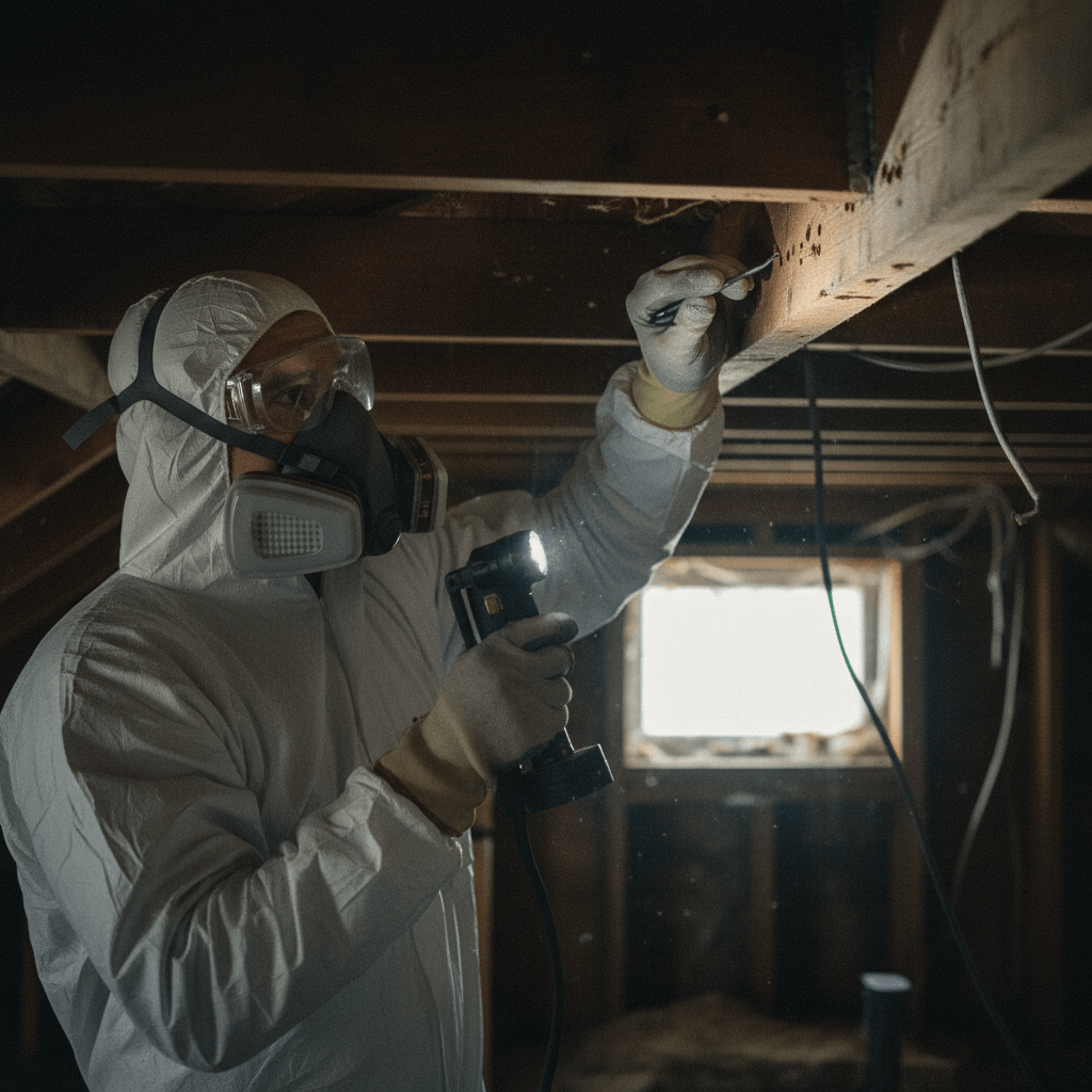 Schädlingsbekämpfer im Einsatz auf dem Dachboden